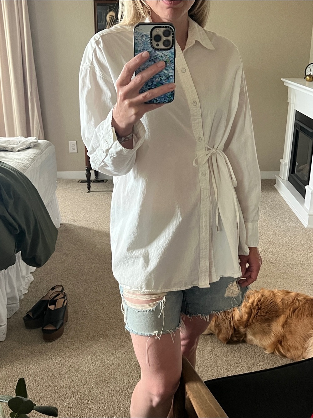 We The Free White Button-Front Tie-Waist Shirt Blouse